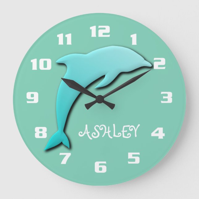 Cool Aqua Blue Dolphin Monogram Large Clock (Front)