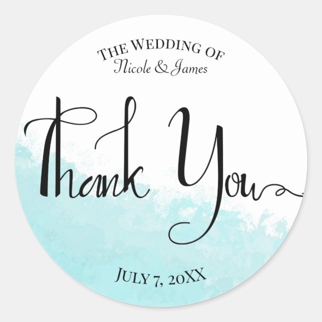 Cool Aqua Blue Wave Splash Wedding Thank You Classic Round Sticker (Front)