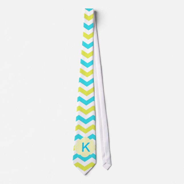 cool aqua blue, yellow chevron stripes monogram tie (Front)