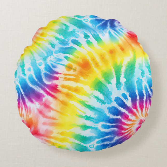 Cool Aqua Blue Yellow Red Orange Tie Dye Round Pillow (Front)