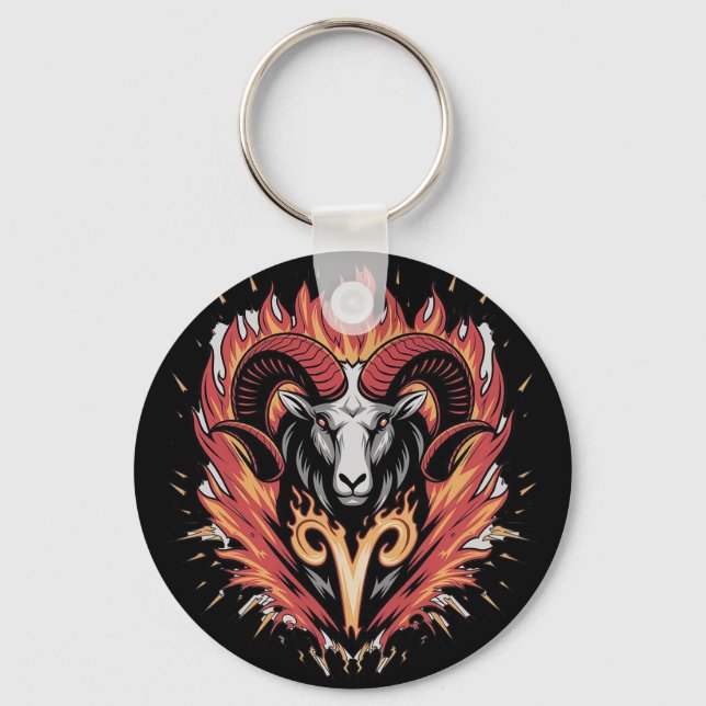Cool Aries on fire Zodiac Astology design Keychain (Front)