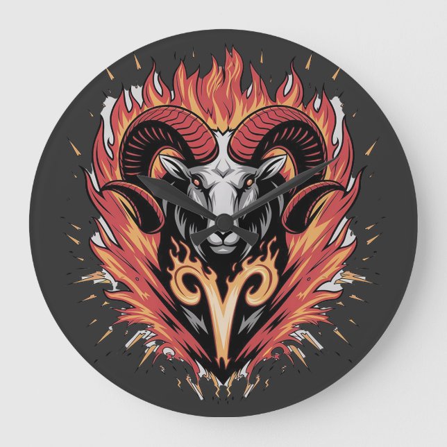 Cool Aries on fire Zodiac Astology design Large Clock (Front)