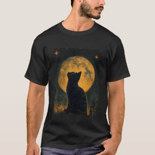 Cool Art Graphic Black Cat with Moon T-Shirt