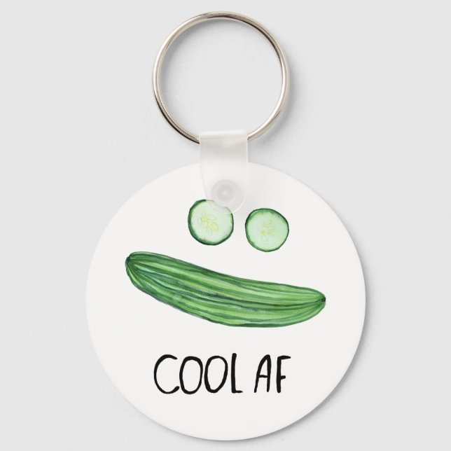 Cool as a Cucumber "Cool AF" Funny Watercolor Keychain (Front)