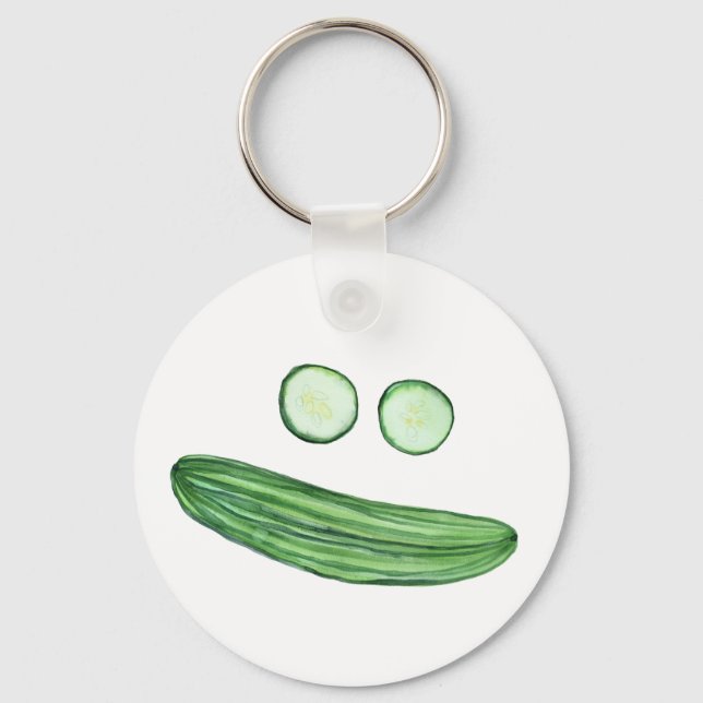 Cool as a Cucumber Funny Watercolor Veggie Face Keychain (Front)