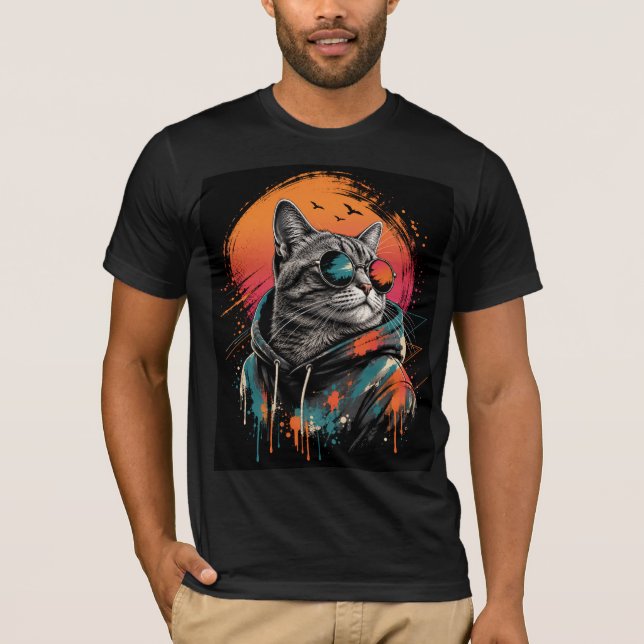 Cool Astronaut Cat Retro Sunset T-Shirt (Front)