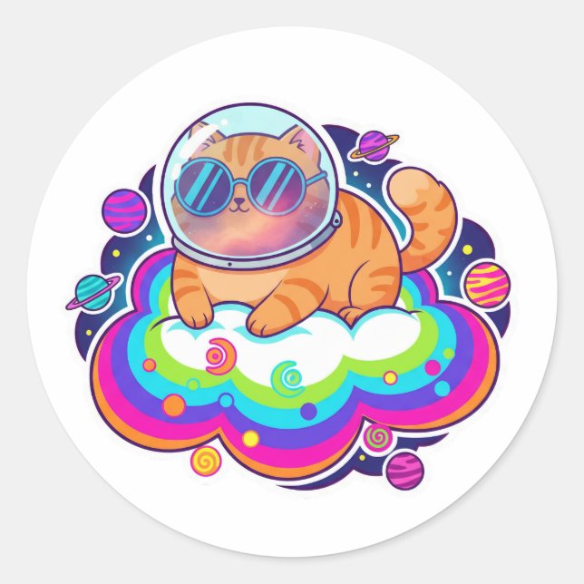 Cool Astronaut Orange Cat in Space on Rainbow Clou Classic Round Sticker (Front)