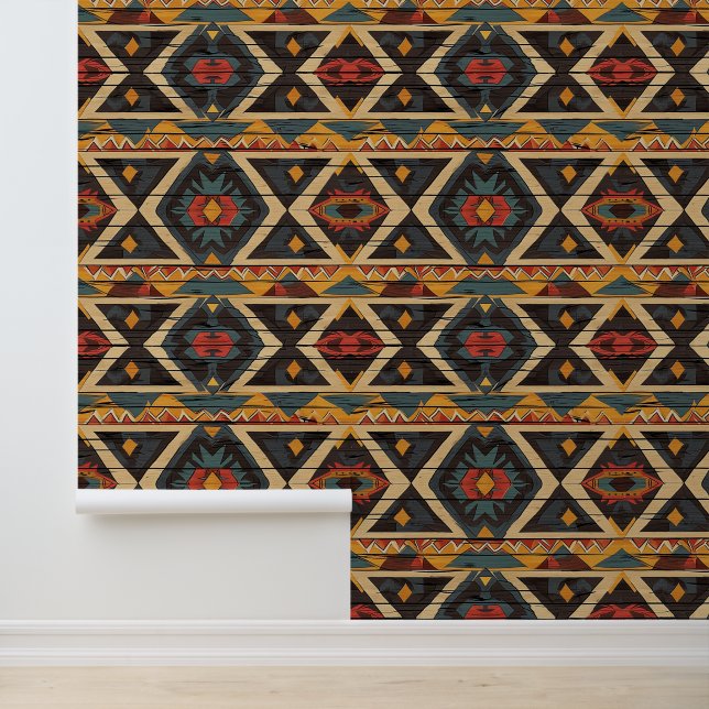 cool Aztec Western faux wood tiled pattern Wallpaper (Application)