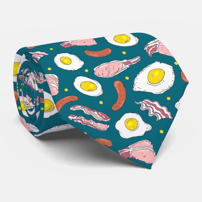 Cool Bacon Egg Sausage Breakfast Food Pattern Blue Tie (Rolled)