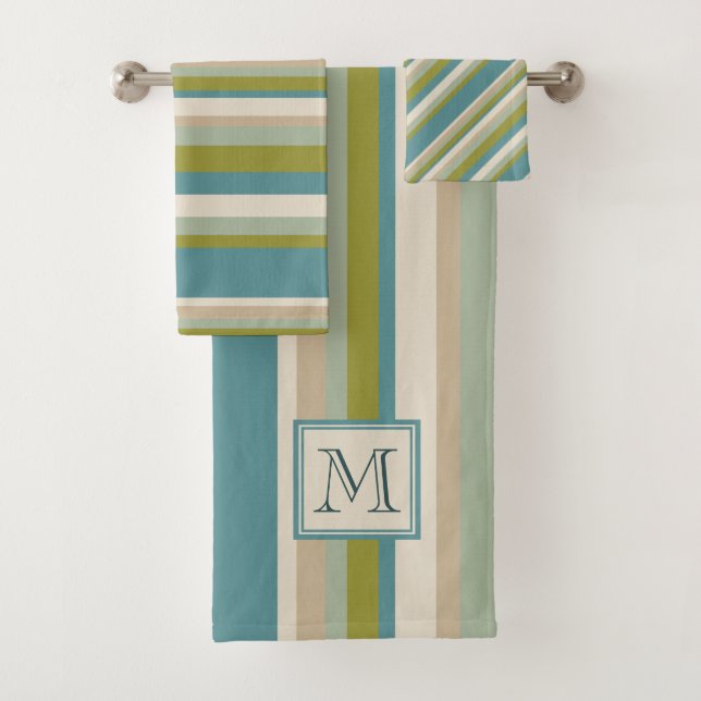 Cool Bamboo Teal Green Stripes Pattern | Monogram Bath Towel Set (Insitu)
