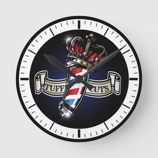 Cool Barber Pole and Crown Logo Personalize 2 Round Clock (Front)