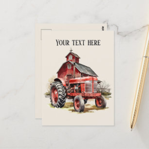 Cool barn and tractor add text Farmers  Postcard