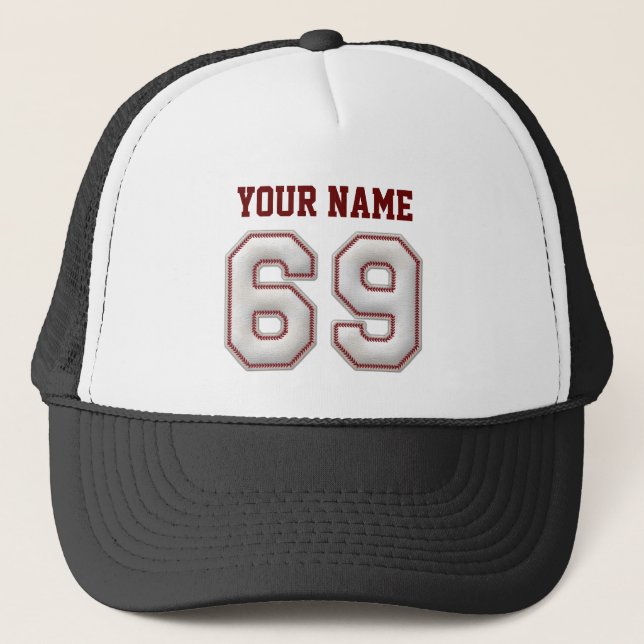 Cool Baseball Stitches - Custom Name and Number 69 Trucker Hat (Front)