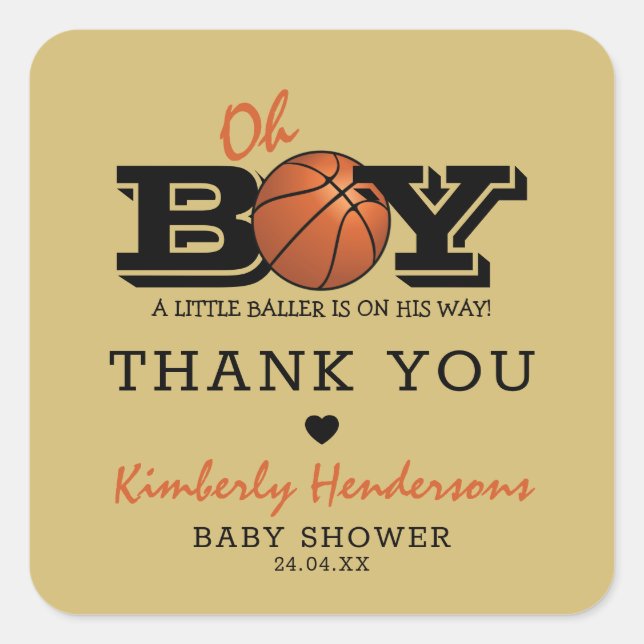 Cool Basketball 'Oh Boy' Baby Shower Thank You Square Sticker (Front)