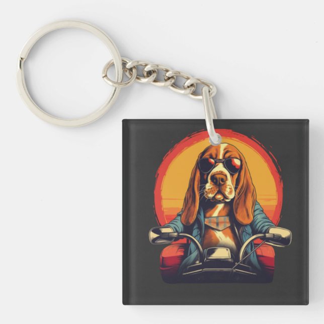 Cool basset hound biker in the sunset keychain (Front)