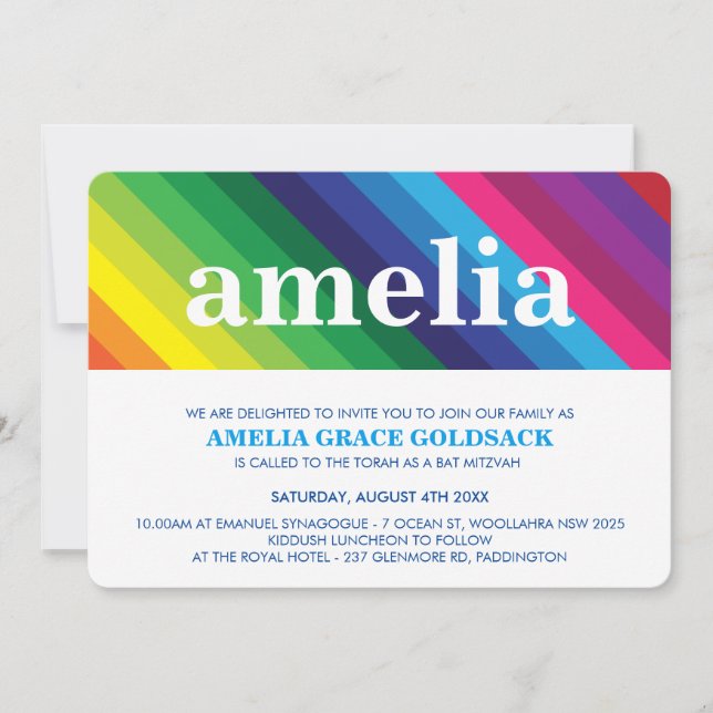 COOL BAT MITZVAH bold colourful rainbow stripe Invitation (Front)