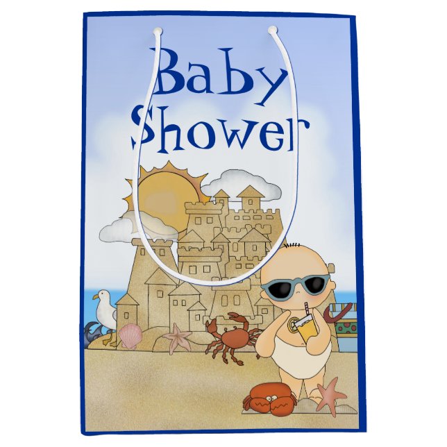 Cool Beach Baby Sandcastle Boy Baby Shower Medium Gift Bag (Front)