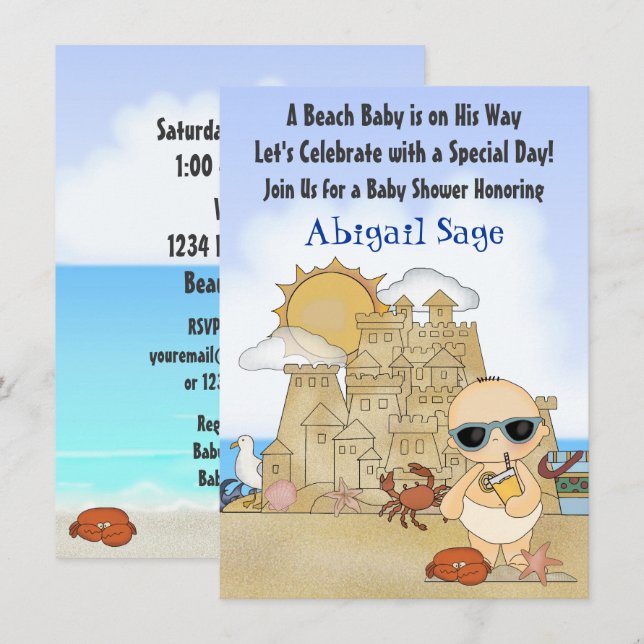 Cool Beach Baby Sandcastle Boys Baby Shower Invitation (Front/Back)
