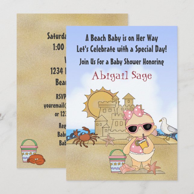 Cool Beach Baby shower Invitation pour les filles (Devant / Derrière)