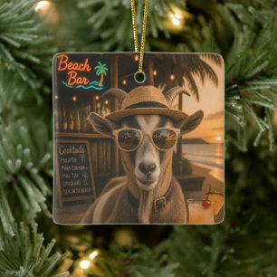 Cool Beach Goat with Cocktail Ceramic Ornament