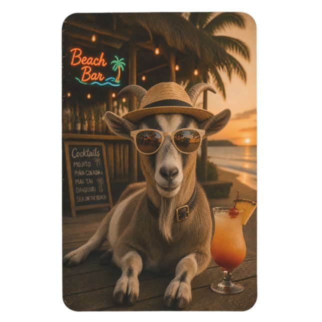 Cool Beach Goat with Cocktail Magnet (Vertical)