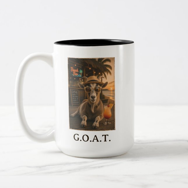 Cool Beach Goat with Cocktail Two-Tone Coffee Mug (Left)