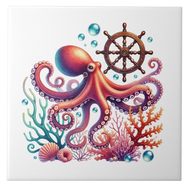 Cool beach octopus lovers tile (Front)