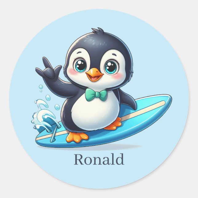 Cool beach surfing penguin add name classic round sticker (Front)