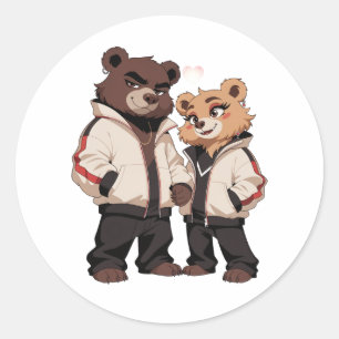 Cool Bear Couple Streetwear Cartoon Art Classic Round Sticker