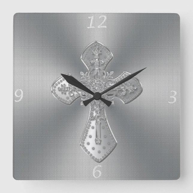 Cool beautiful ornament cross silver gray effect square wall clock (Front)