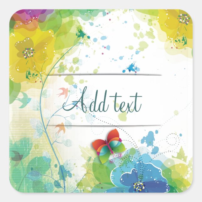 Cool beautiful trendy flowers splatters butterfly square sticker (Front)