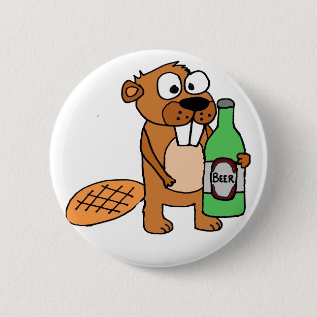 Cool Beaver Drinking Beer Cartoon 2 Inch Round Button (Front)