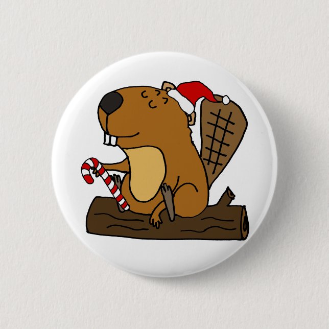 Cool Beaver in Santa hat Christmas Cartoon 2 Inch Round Button (Front)