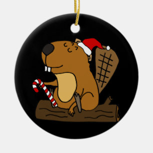 Cool Beaver in Santa hat Christmas Cartoon Ceramic Ornament