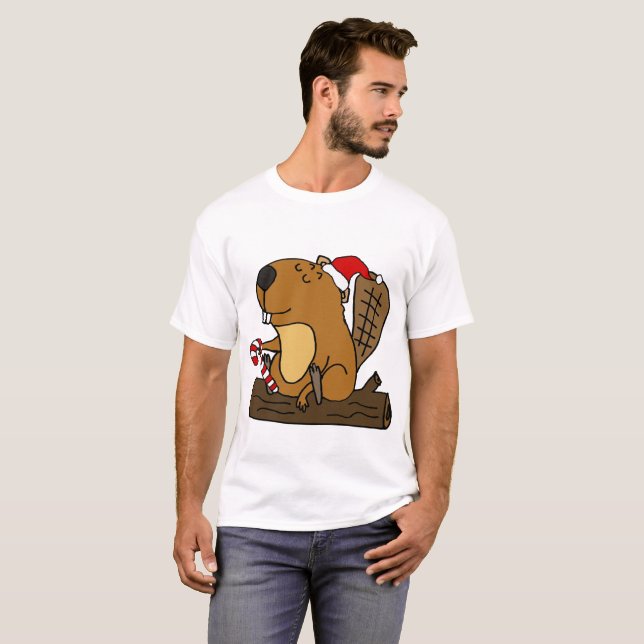 Cool Beaver in Santa hat Christmas Cartoon T-Shirt (Front Full)