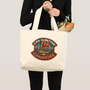 Cool better life camping campfire large tote bag