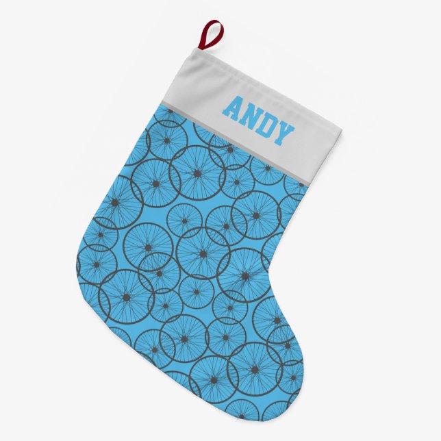 Cool Bicycle Bike Wheels Cyclist Pattern Blue Large Christmas Stocking (Front (Hanging))