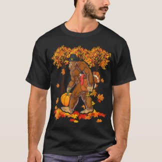Cool Bigfoot Holding Pumpkin And Turkey Thanksgivi T-Shirt