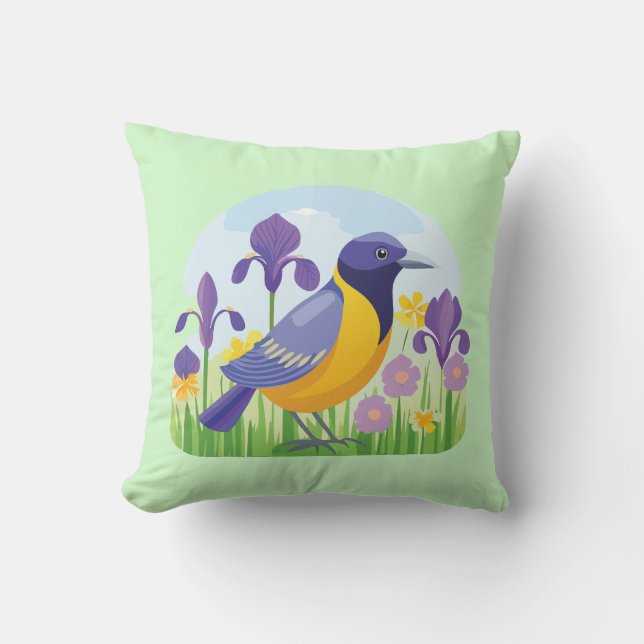 Cool Bird in Field of Iris Flowers  Throw Pillow (Front)