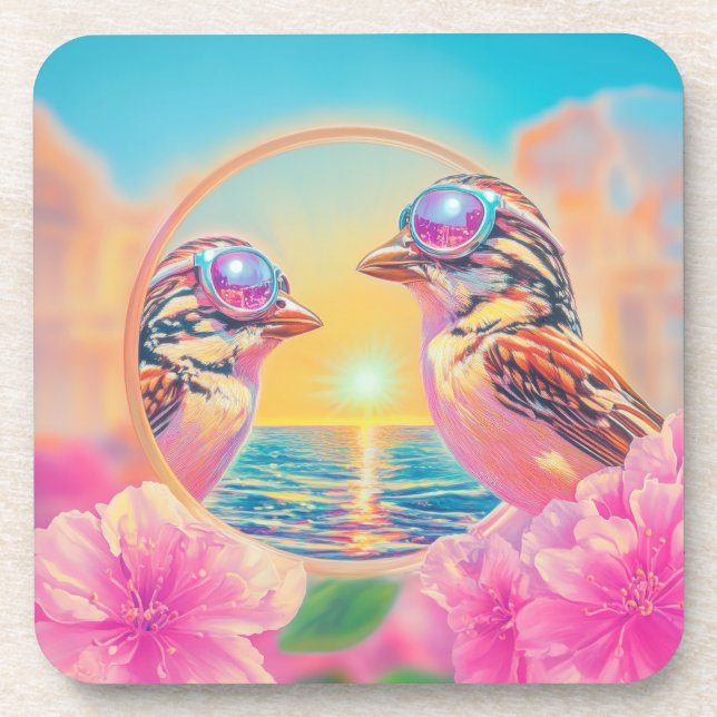 Cool Birds with Sunglasses at Sunset Coaster (Front)