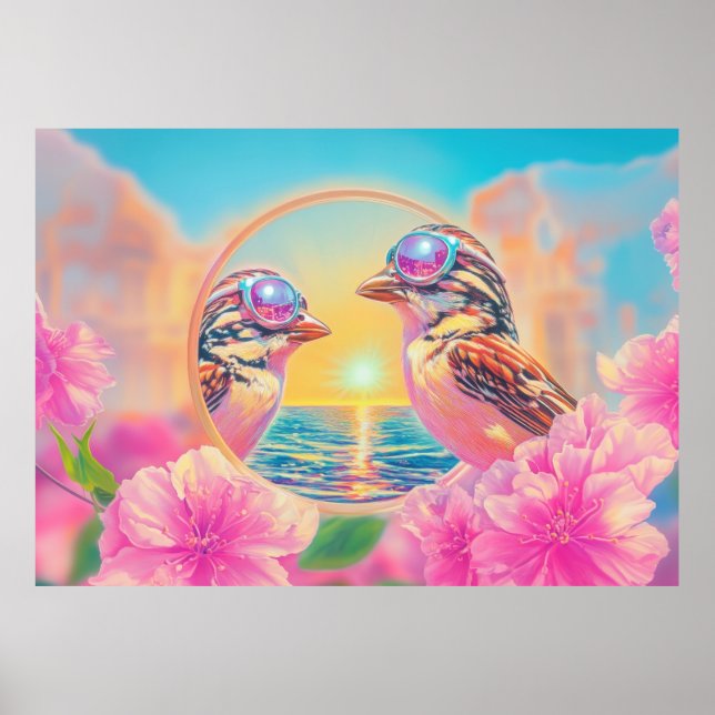 Cool Birds with Sunglasses at Sunset Poster (Front)