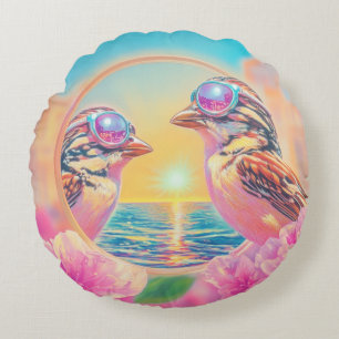 Cool Birds with Sunglasses at Sunset Round Pillow