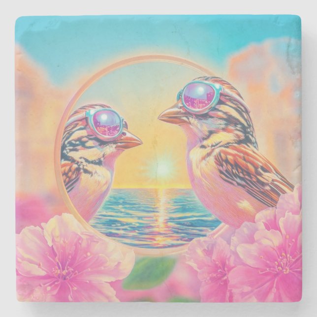 Cool Birds with Sunglasses at Sunset Stone Coaster (Front)