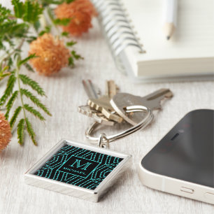 Cool Black and Blue Jagged ZigZag Pattern Monogram Keychain