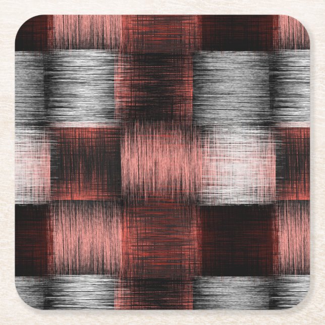 Cool Black and Red Chequerboard Pattern Square Paper Coaster (Front)