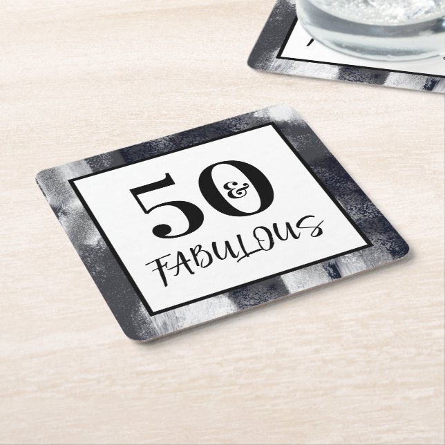 Cool Black and white 50 and Fabulous Birthday Square Paper Coaster (Angled)