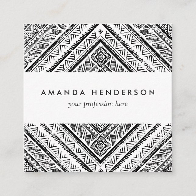 Cool Black and White Aztec Tribal Pattern Square Business Card (Front)