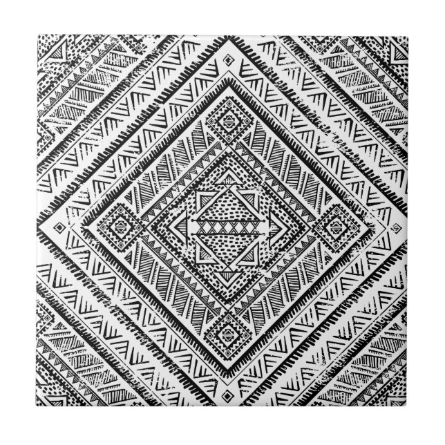 Cool Black and White Aztec Tribal Pattern Tile (Front)