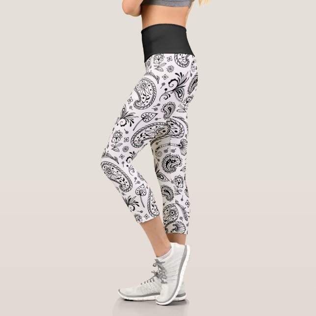 Cool Black And White Bandana Paisley Capri Leggings (Left)