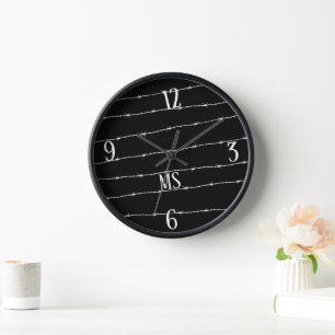 Cool black and white barbed wire pattern Monogram Clock